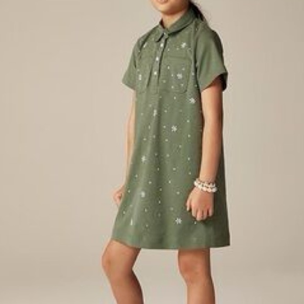 Crewcuts NWT Girls' flower-embellished shirt-dress in twill‎ olive green